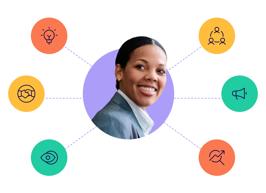 Woman with community and leadership icons surrounding her