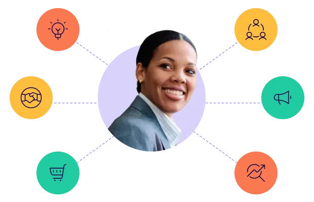 Woman with community and leadership icons surrounding her
