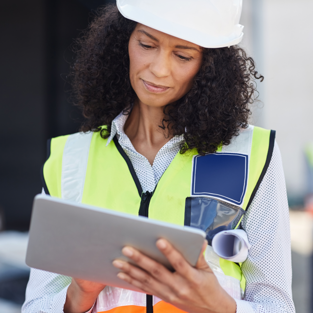 Woman in hardhat and vest working on a tablet