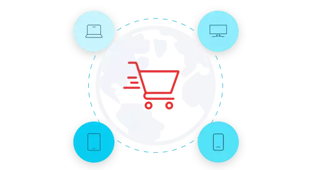 Shopping cart image surrounded by icons for device types laptop, phone, tablet