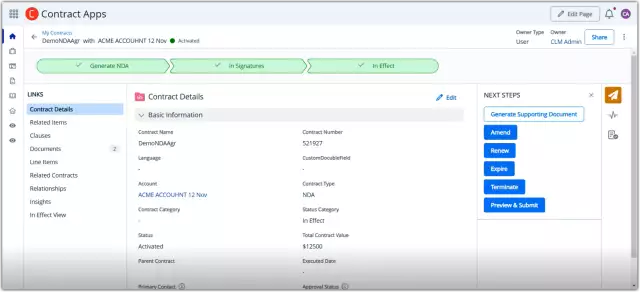 Conga CLM contract workflow automation, activating an NDA contract, and setting alerts.