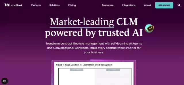 Malbek contract management tool homepage.