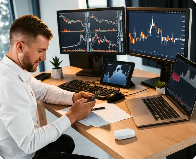 A male financial analyst looking at his smartphone while seated at a desk with multiple monitors displaying stock charts.