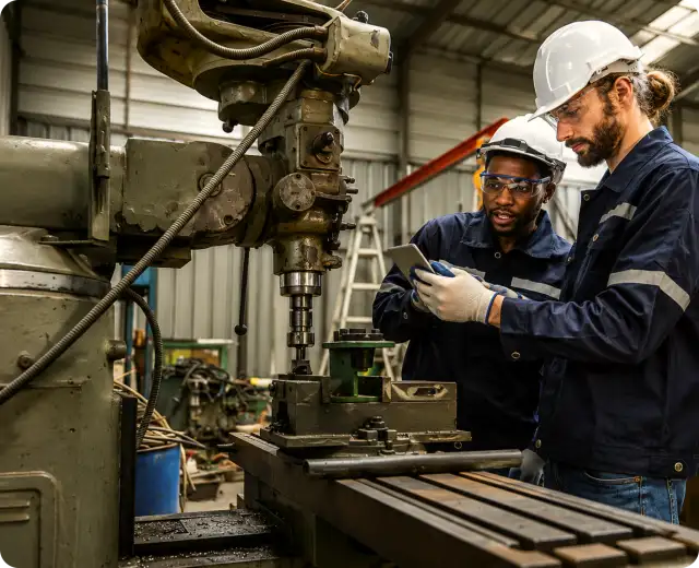 Two manufacturing engineers wearing hard hats and safety glasses looking at a digital tablet together next to a large industrial milling or drilling machine.