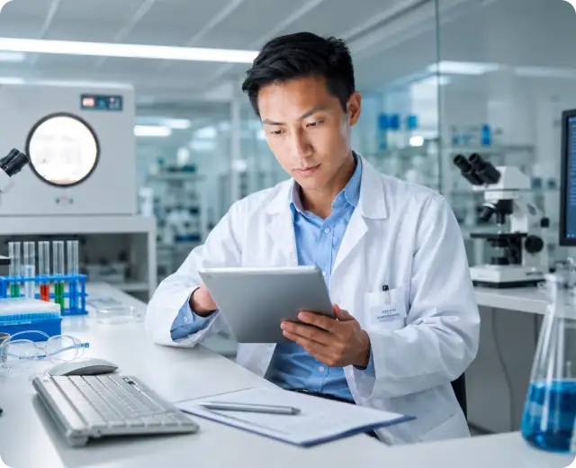 A doctor working on documents