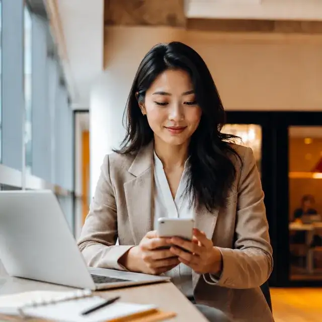 Business professional using a smartphone at her desk.