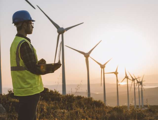 Energy worker standing in a field of windmills