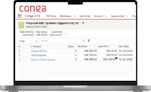 Conga CPQ product interface