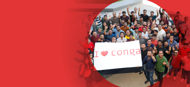 Conga employees gathering around an "I love Conga" sign