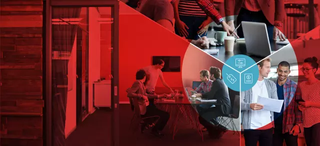 Collage of workplace photos and CPQ iconography