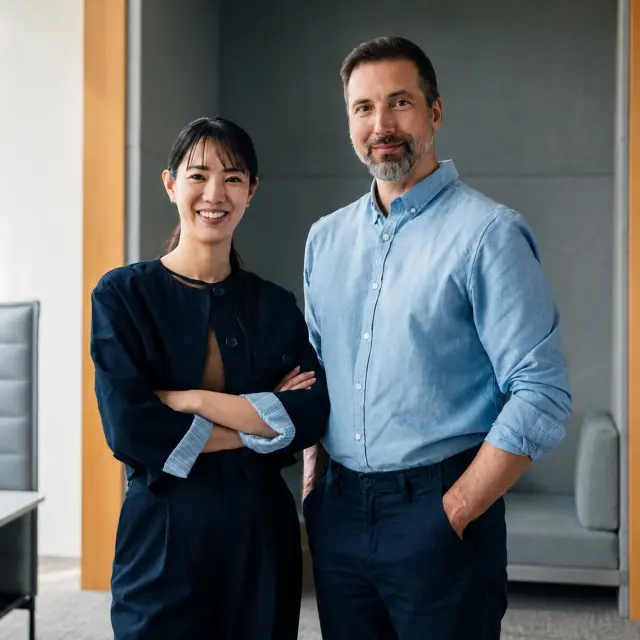 Two business professionals standing together in an office