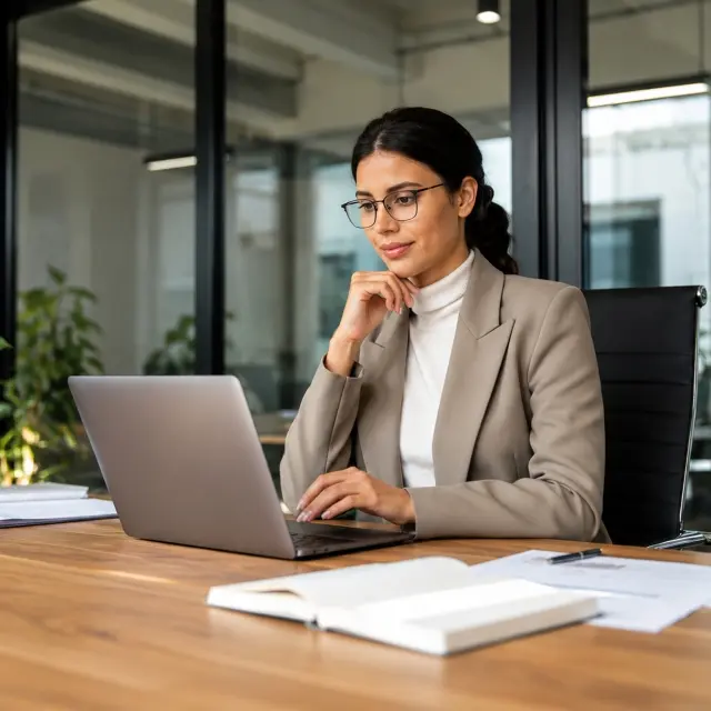 Professional at a laptop using enterprise document automation.