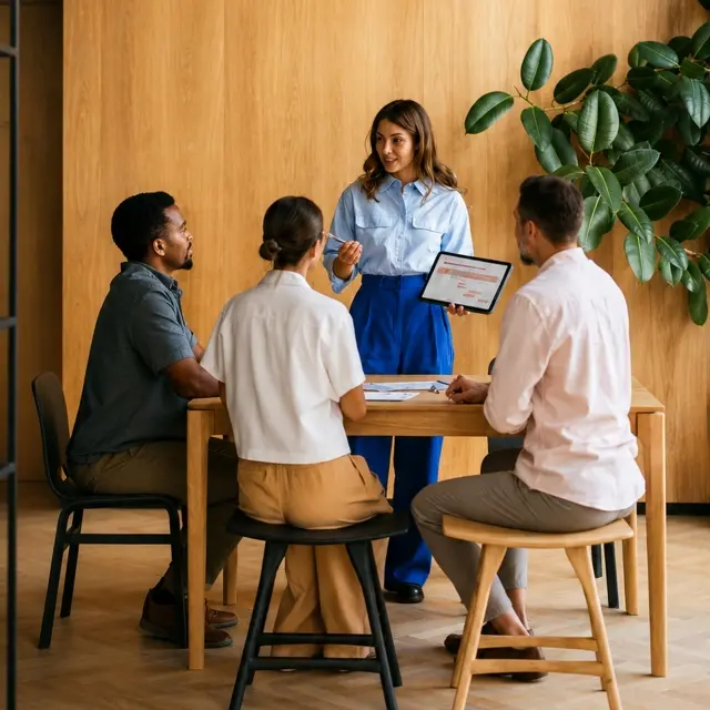 A businesswoman stands presenting a quote to three colleagues seated around a wooden meeting table.