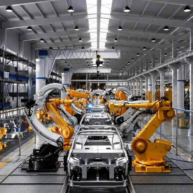 Robotic assembly line producing specialty vehicles.
